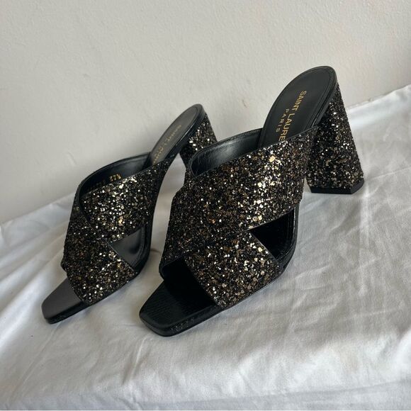 NEW | SAINT LAURENT Glitter YSL Shimmer Lou Lou 95 Sanda Midnight Nero Sz. 37.5 - Picture 5 of 12